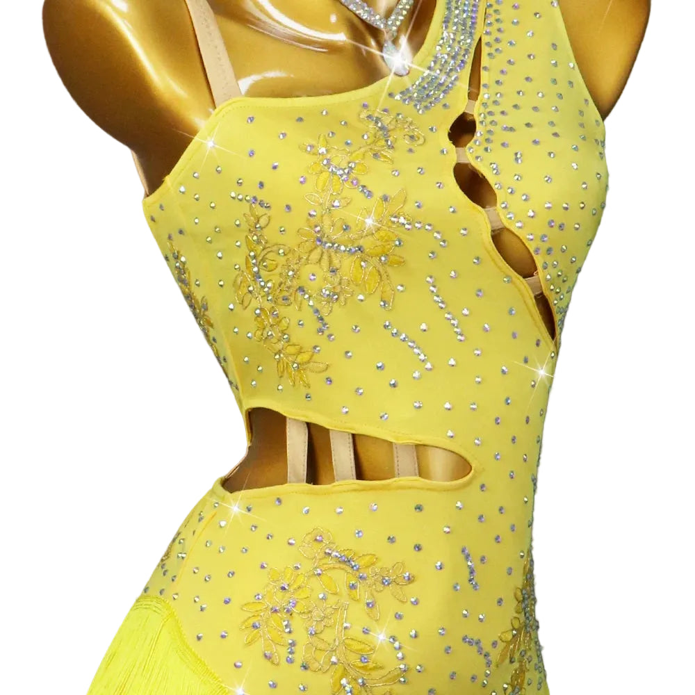 Yellow Latin Samba Competition Dress – Rhinestone Appliqué Tassel