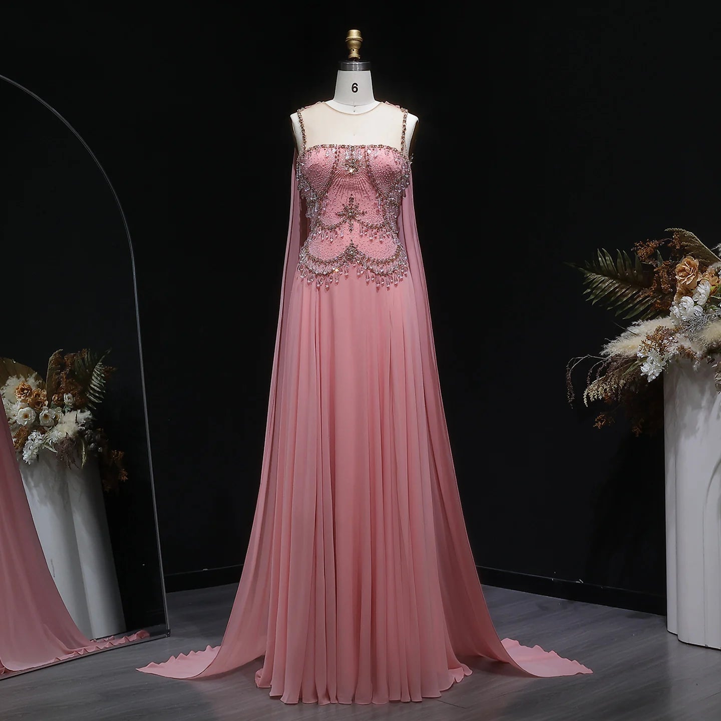 Crystal Beaded Cape Gown | A-Line | Floor-Length