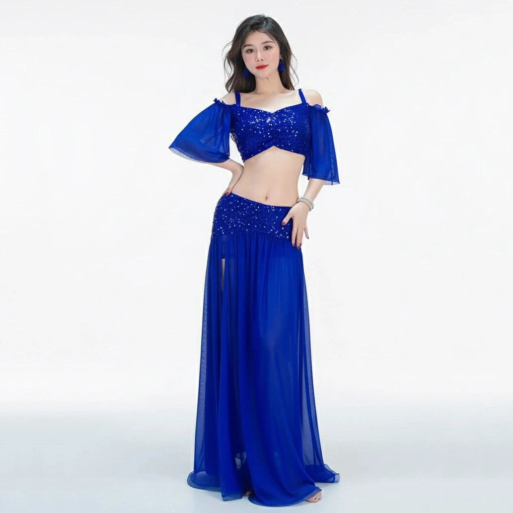 Belly Dance Costume | Sequin Mesh Top & Long Skirt Set