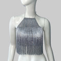 Rhinestone Mesh Halter Crop Top - Backless Tassel Party Camisole