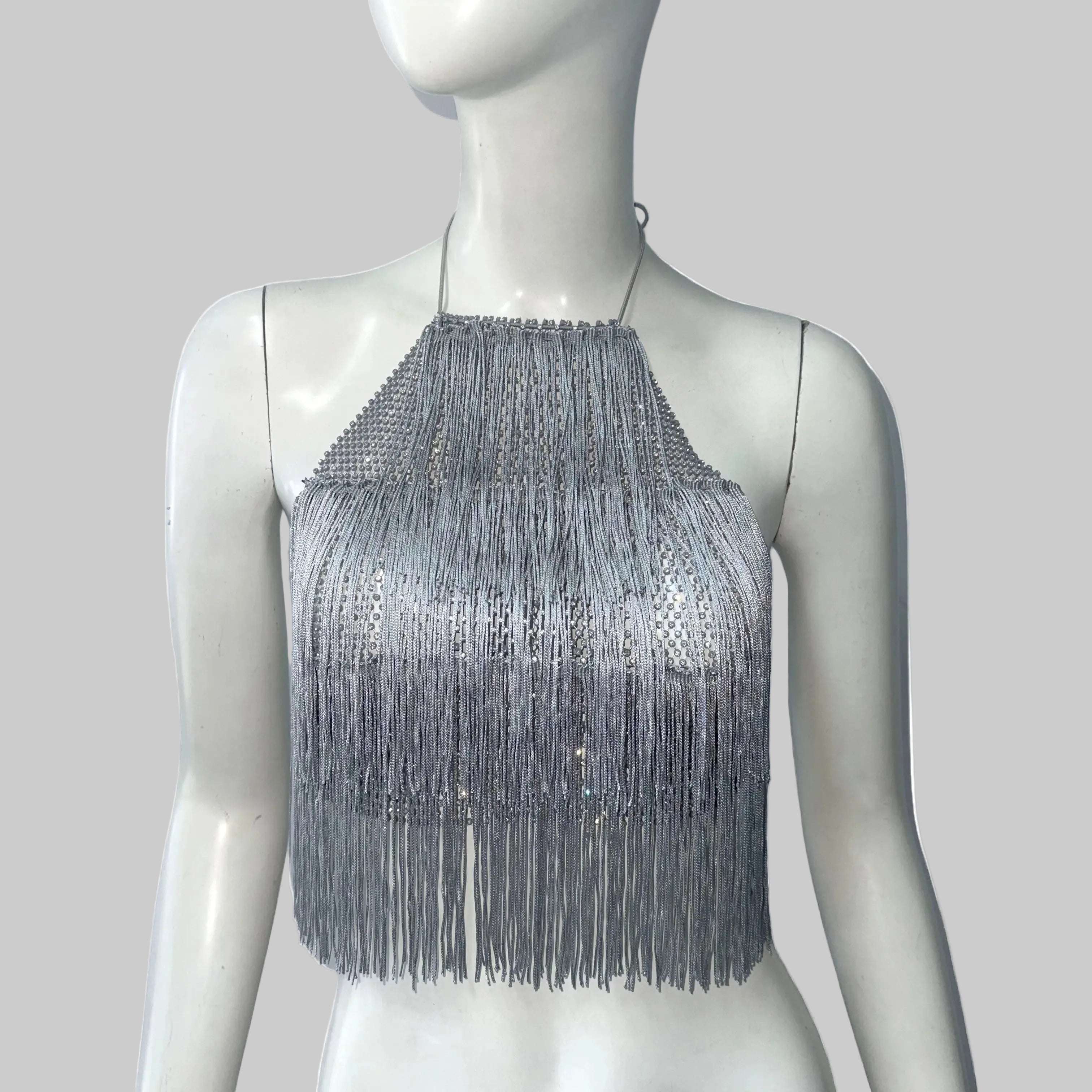 Rhinestone Mesh Halter Crop Top - Backless Tassel Party Camisole