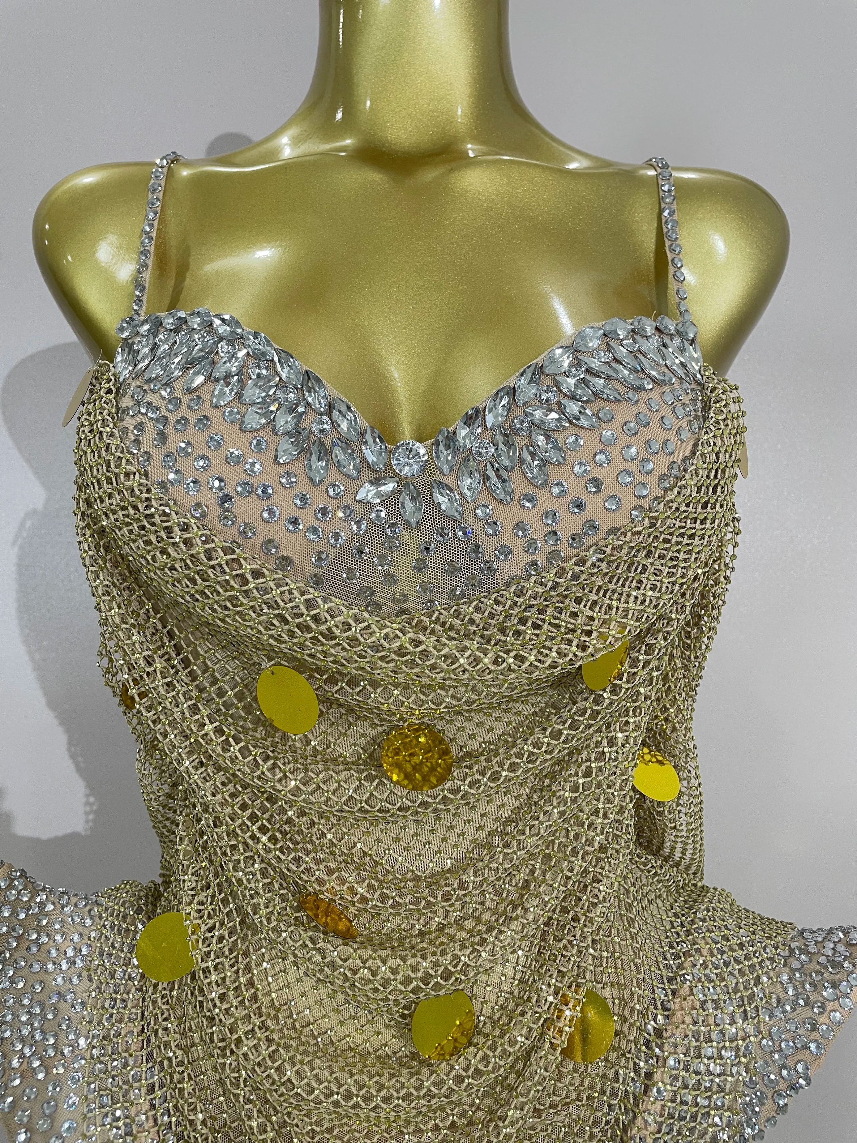 Gold Coin Disc Bodysuit | Rhinestone Chain | S–XL