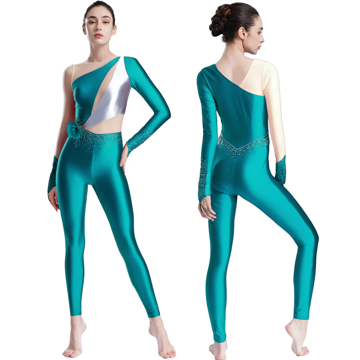 Rhinestone Dance Jumpsuit | Asymmetric Metallic Detail