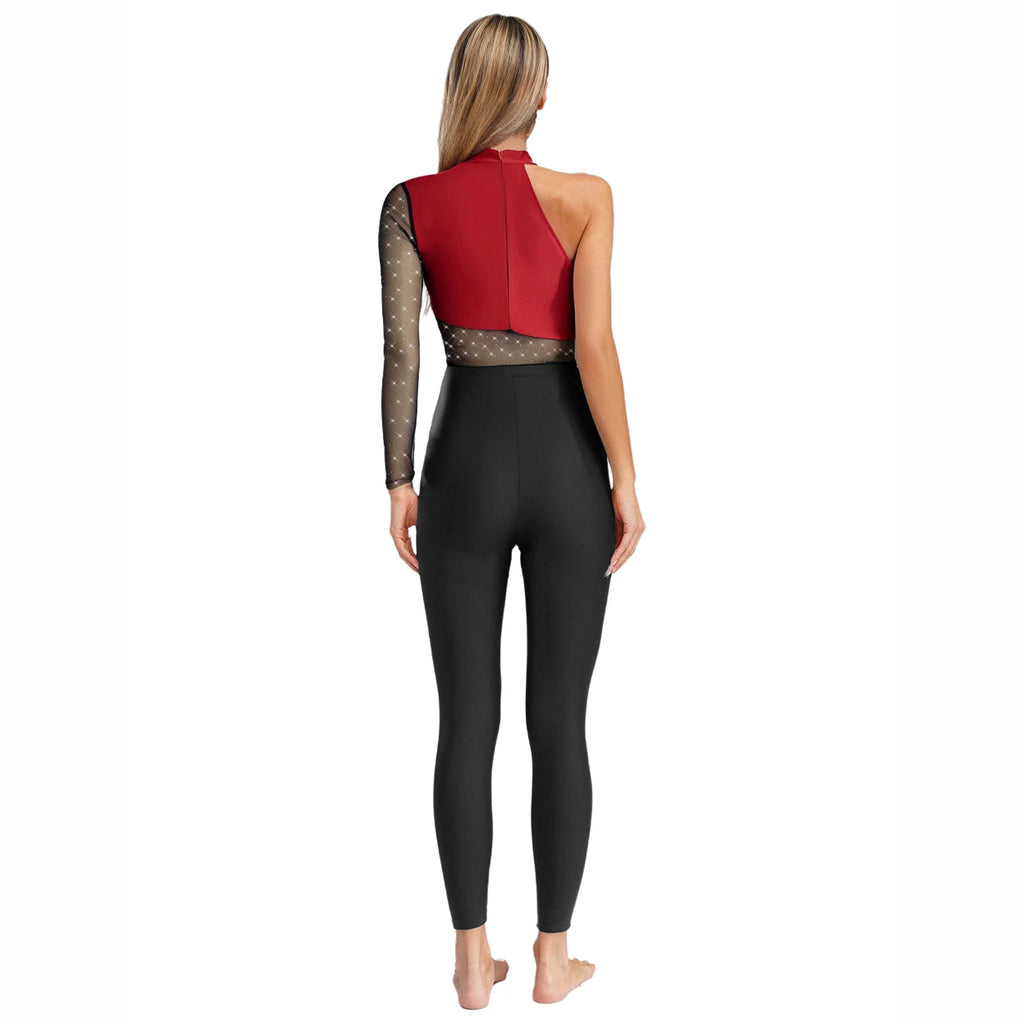 Women's Rhinestone Sheer Mesh Dance Jumpsuit | Mock Neck & One-Shoulder Styles | Gymnastics & Performance