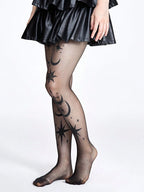 Star & Moon Print Tights | Sheer Patterned Pantyhose | Black & Nude