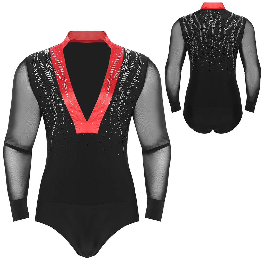 Men's Sheer Mesh Long Sleeve Bodysuit | Deep V Rhinestone | Latin Ballroom Dance