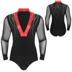 Men's Sheer Mesh Long Sleeve Bodysuit | Deep V Rhinestone | Latin Ballroom Dance