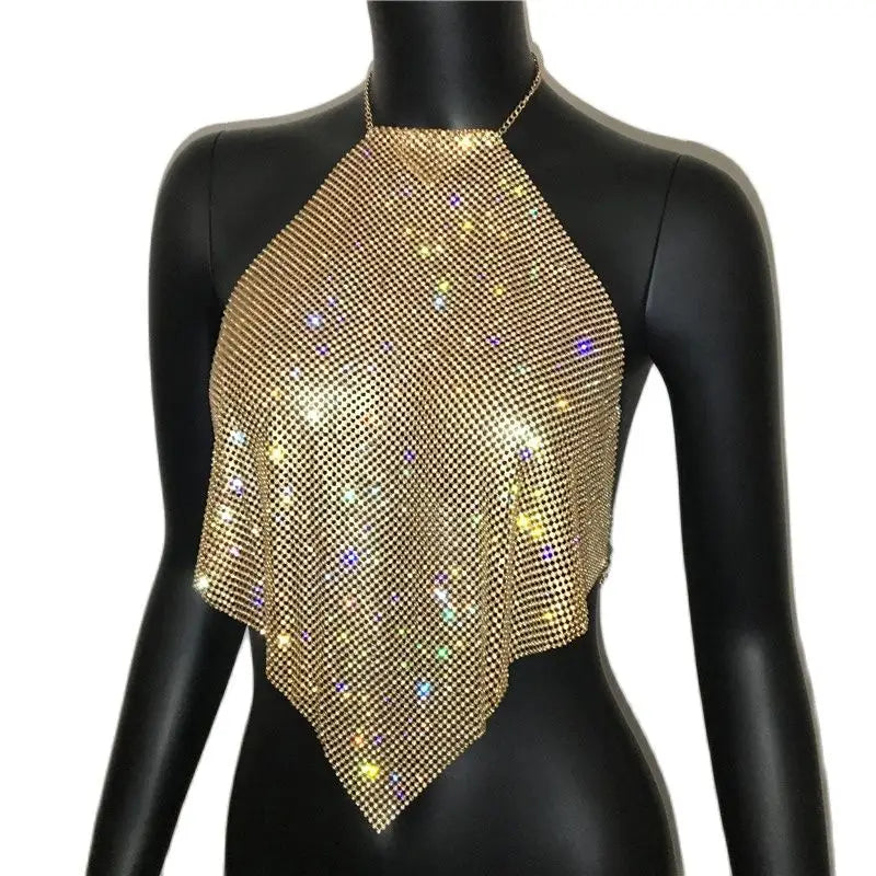 Diamond Grid Rhinestone Bralette - Backless Metal Chain Crop Top
