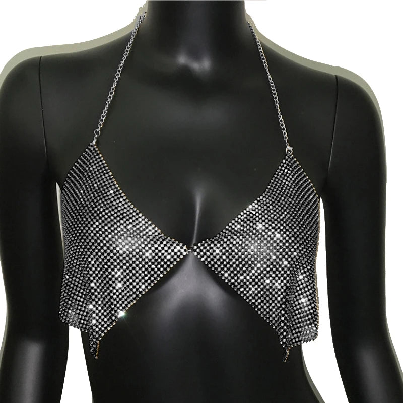 Rhinestone Metal Sequin V-Neck Halter Crop Top