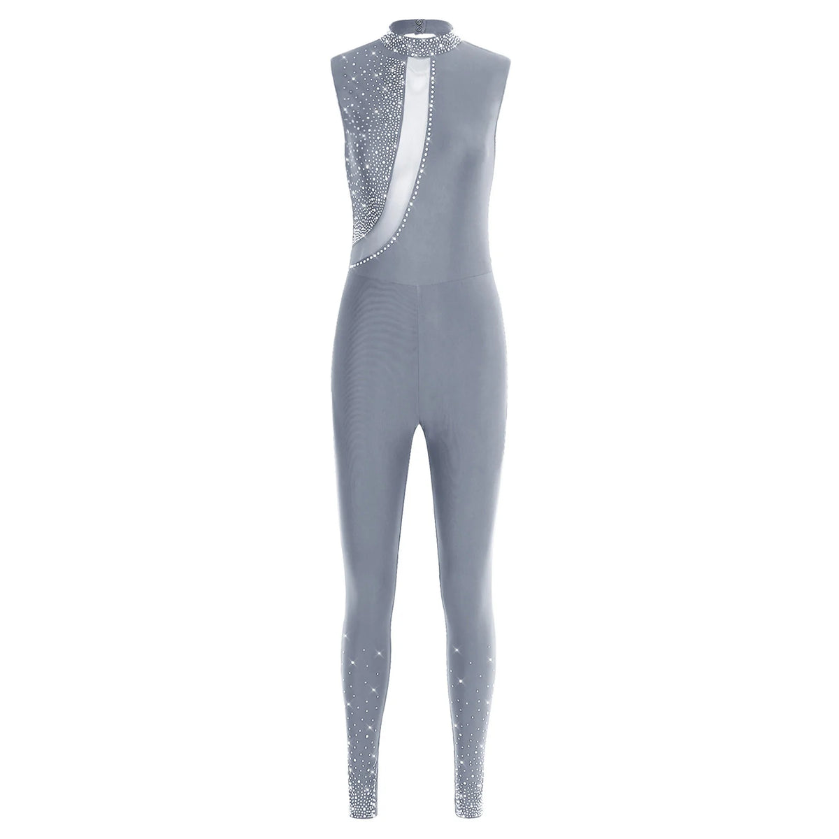 Women's Rhinestone Gymnastics Unitard | Mesh Patchwork & Asymmetric Shoulder | Performance Jumpsuit