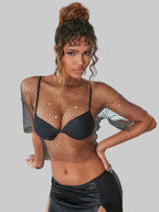 Rhinestone Fishnet Mesh Top - Sheer Short Sleeve Tee