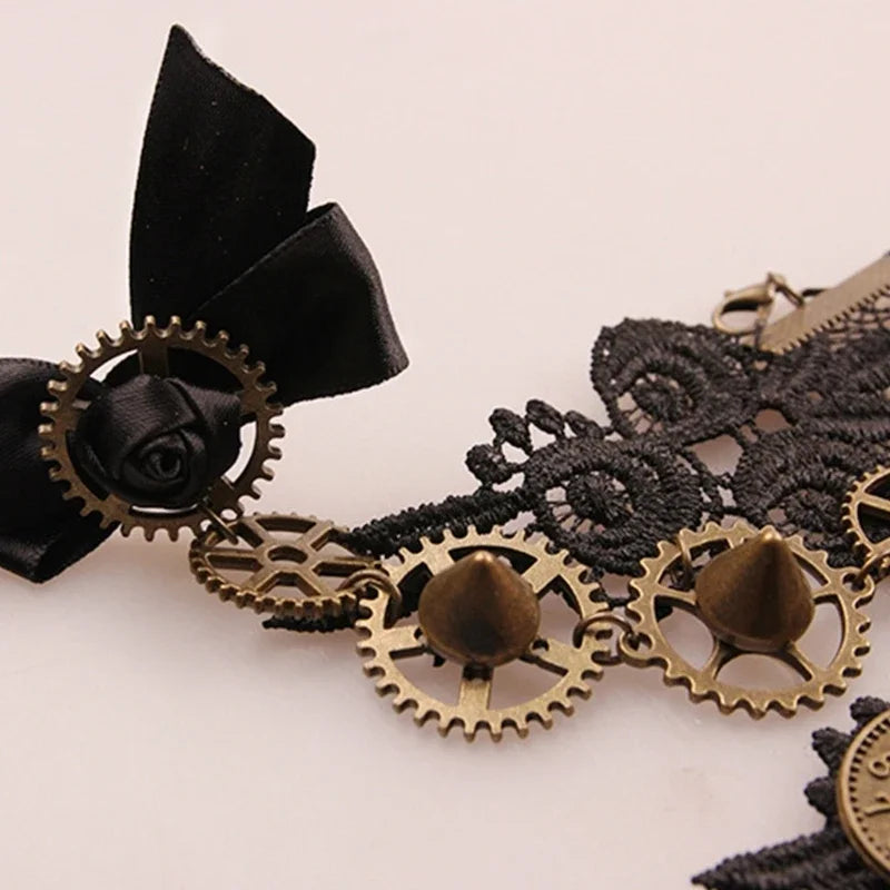 Steampunk Gear Bracelet with Finger Ring | Black & Khaki