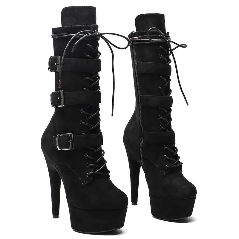 15cm Platform Ankle Boots - Lace-Up Dance Booties