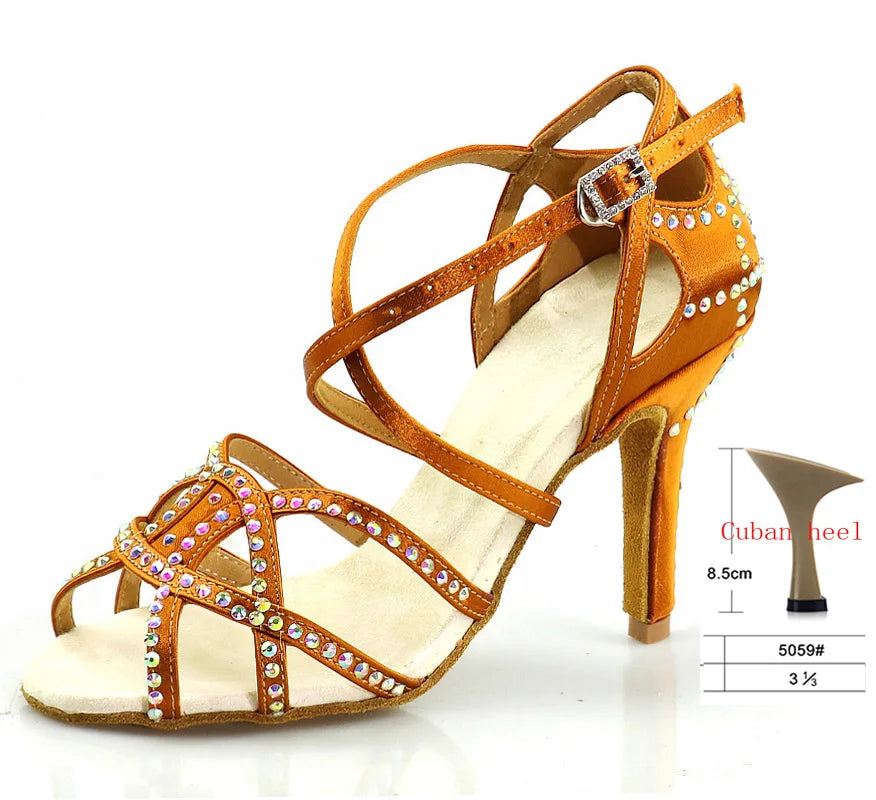 Bronze Rhinestone Latin Dance Heels | Satin | 5–10cm