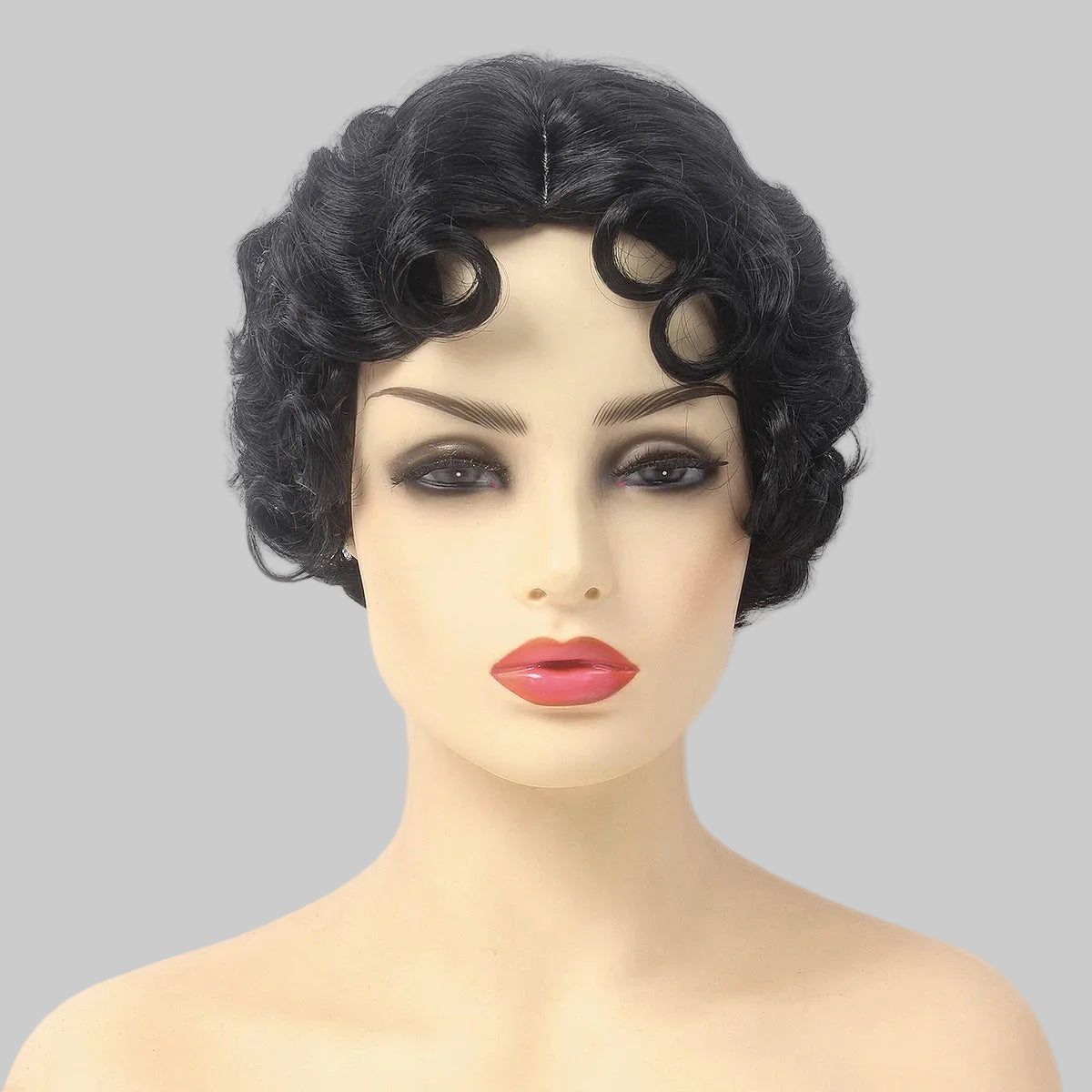 Elegant 1920s Finger Wave Wig - Short Curly Flapper Wig with Oblique Bangs (12 Inches)