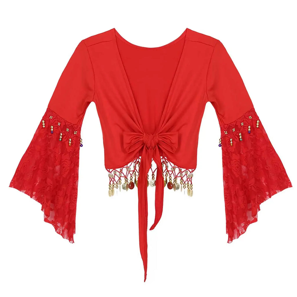 Coin & Bead Tassel Bolero | Bell Sleeve Belly Dance Shawl Top | 8 Colours | M–6XL