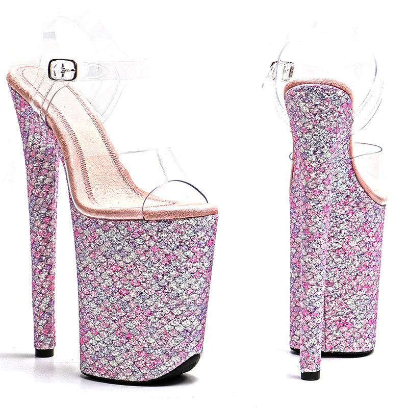 23cm Clear Glitter Platform Sandals - High Heel Dance Shoes