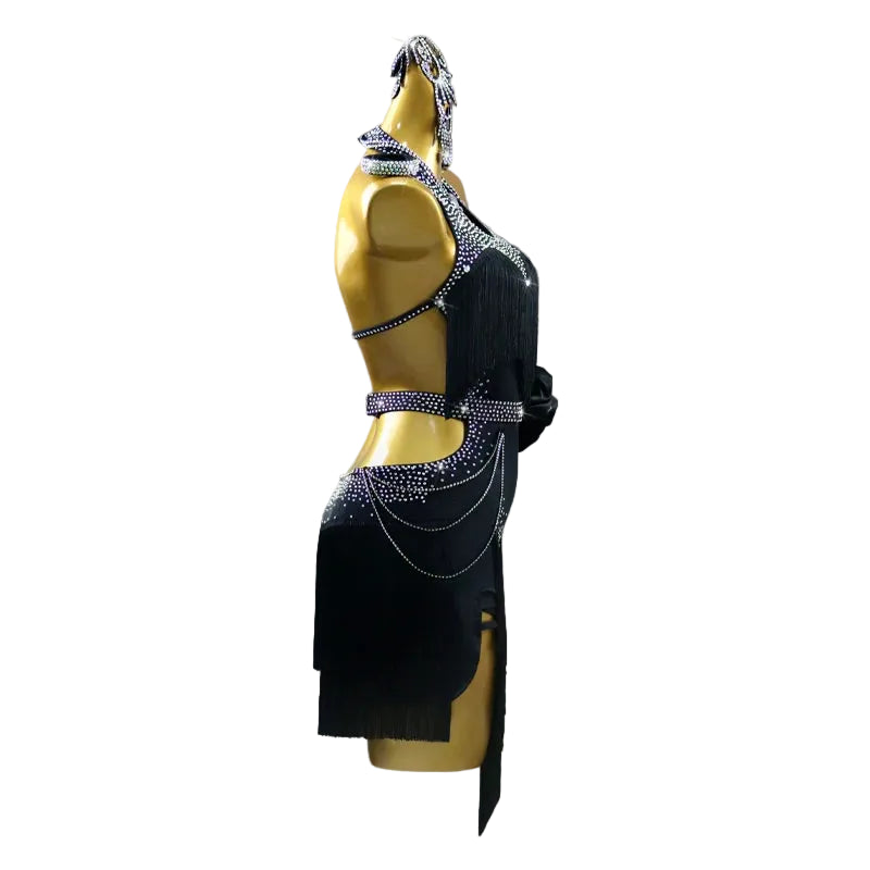 Black Latin Samba Dance Dress – Tassel & Ribbon Stage Costume