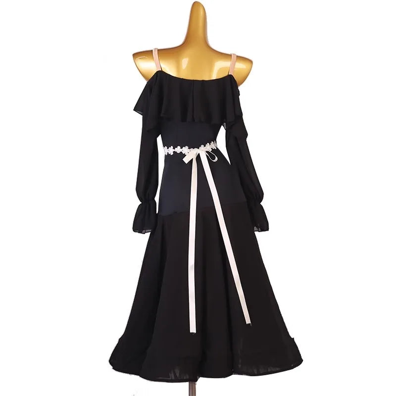 Black Off-Shoulder Ballroom Dress | White Sash | XXS-XXL