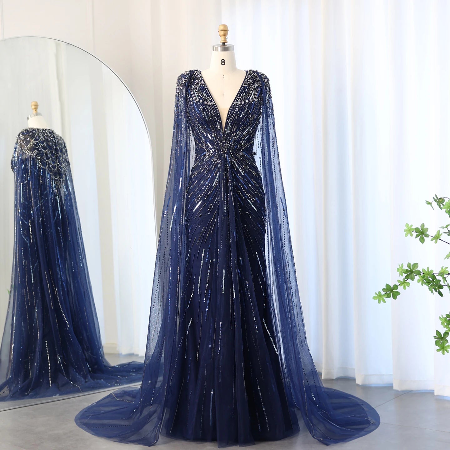 Crystal Cape Pageant Gown | Beaded | Floor-Length