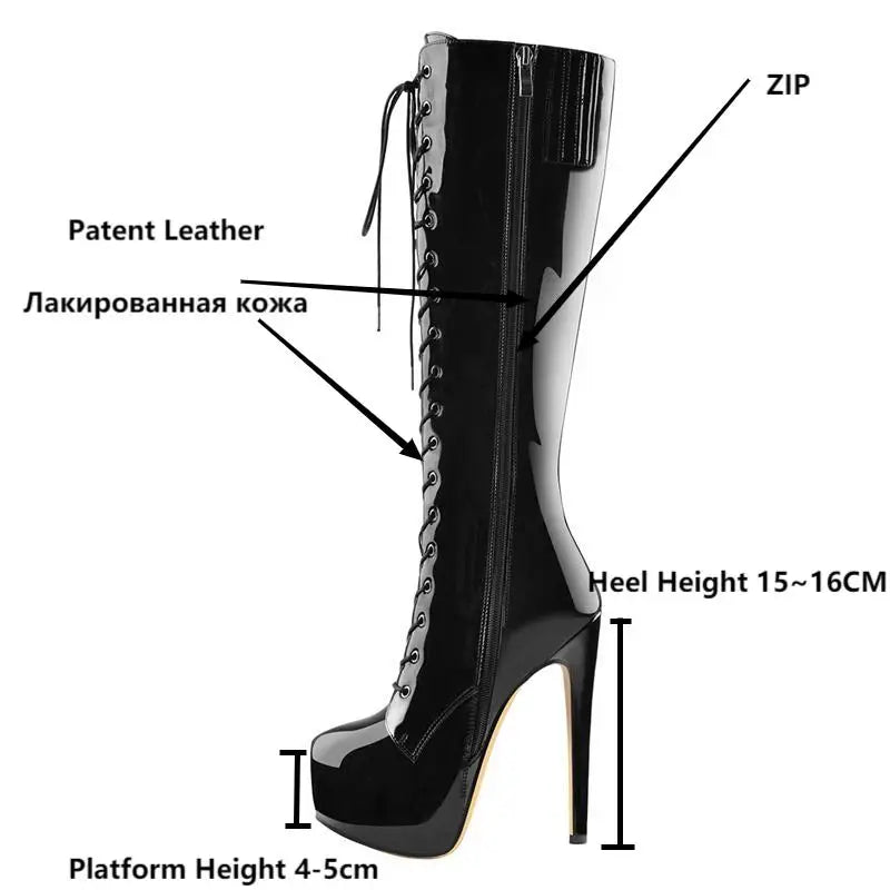 Patent Lace-Up Knee-High Boot | Platform Stiletto | Black
