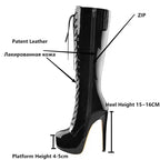Patent Lace-Up Knee-High Boot | Platform Stiletto | Black
