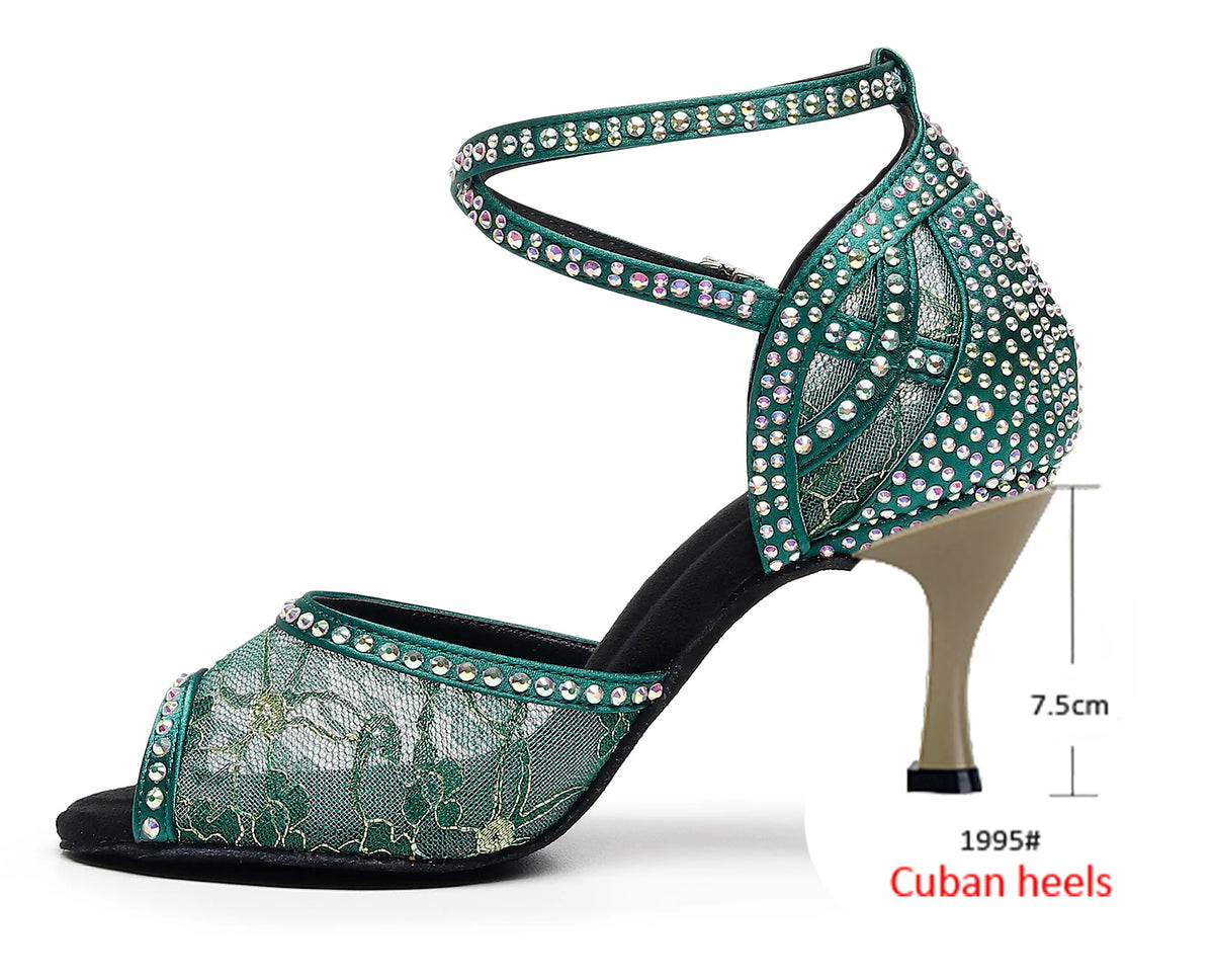Rhinestone Lace Mesh Latin Dance Heels | Red & Green | 6–10cm