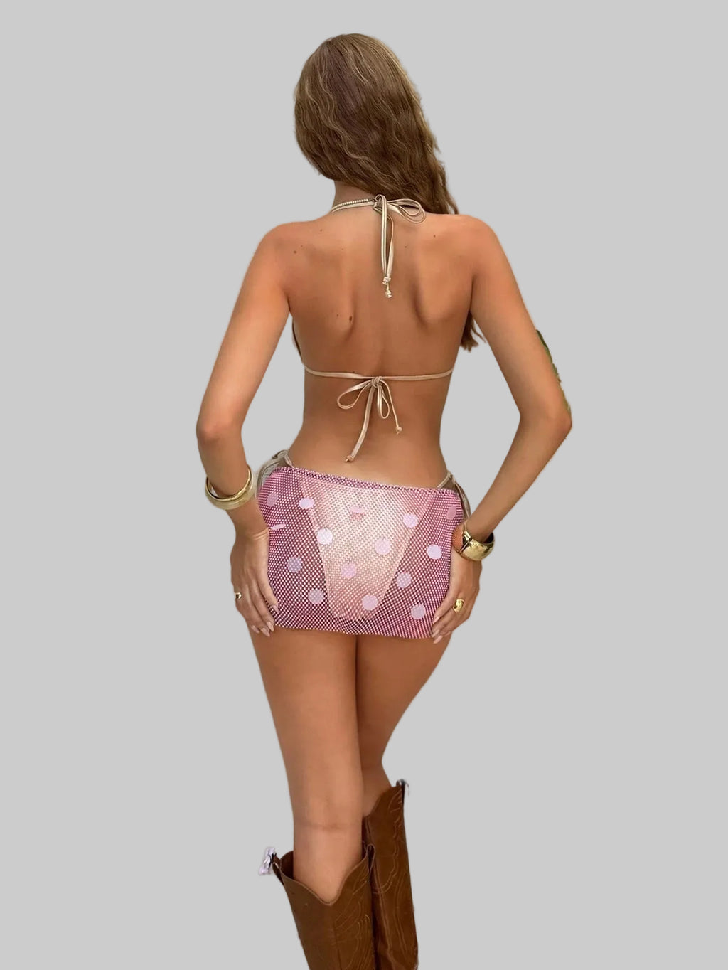 Sequin Fishnet Mini Skirt - Sheer Mesh with Rhinestones