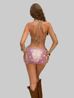 Sequin Fishnet Mini Skirt - Sheer Mesh with Rhinestones