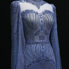 Beaded Crystal Gown | High Neck Cape Sleeve | Blue & Green