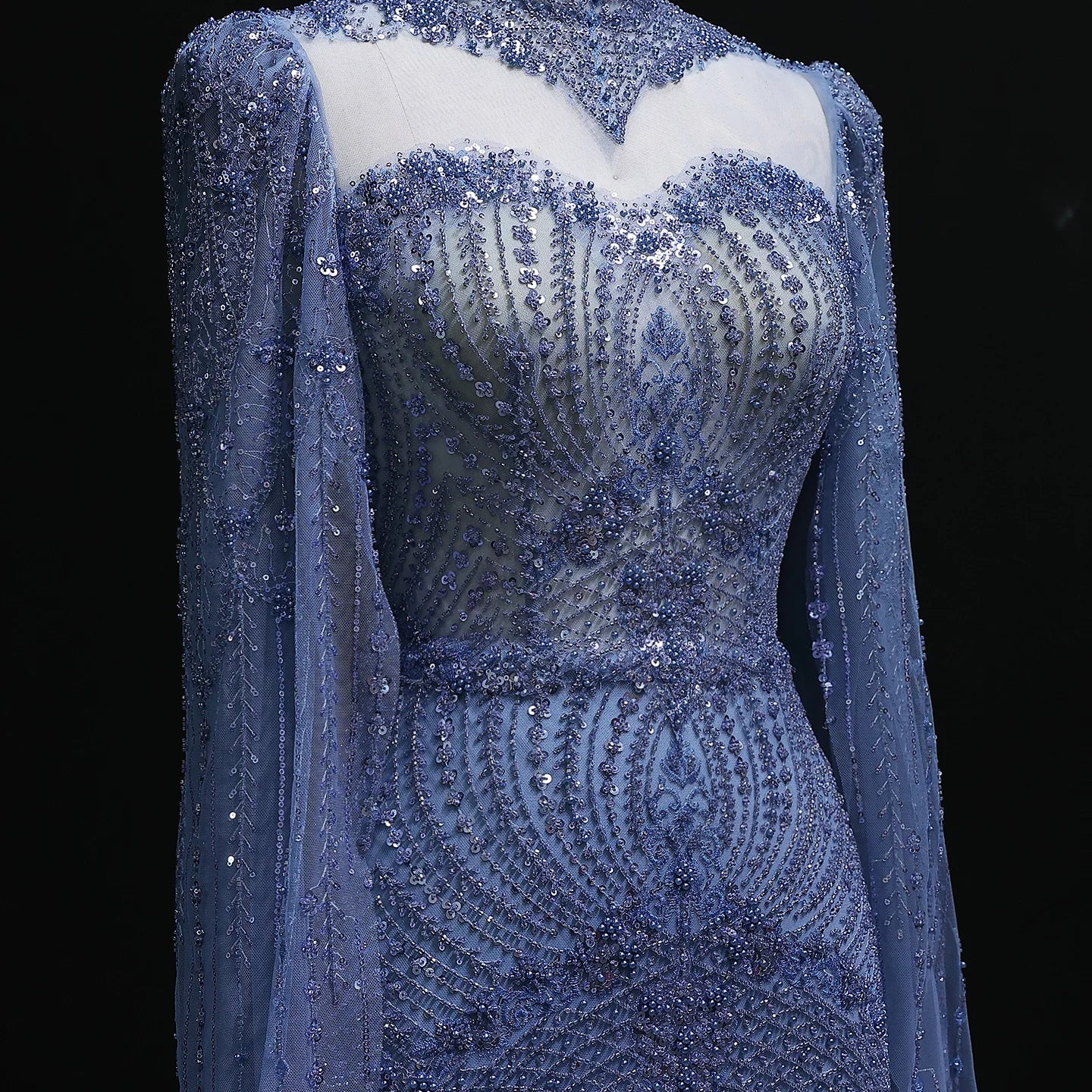 Beaded Crystal Gown | High Neck Cape Sleeve | Blue & Green