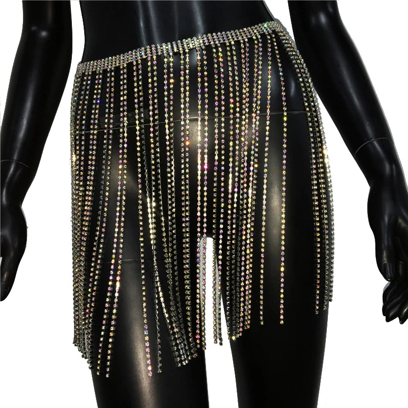 Rhinestone Tassel Fringe Skirt - Crystal Diamond Beach Cover-Up Mini Skirt
