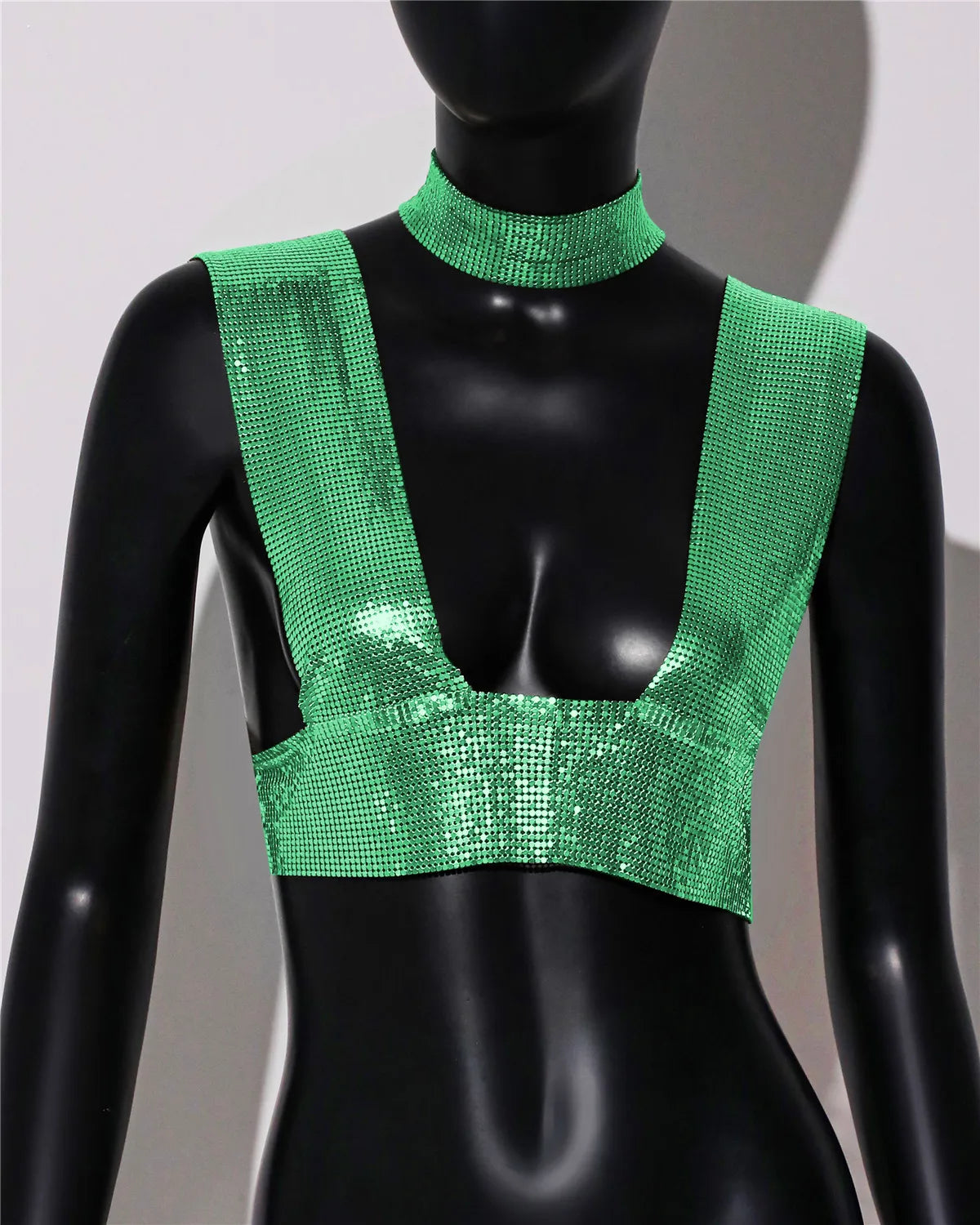 Sequin Choker Crop Top - Backless V-Neck Performance Cami
