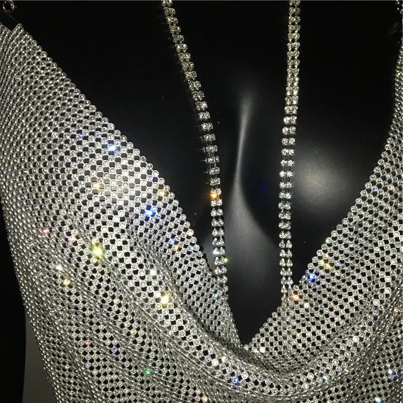 Rhinestone Mini Dress - Sheer Sequin Bodycon Dress with Asymmetric Neckline