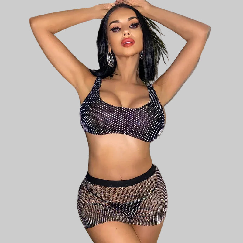 Rhinestone Fishnet Mesh Crop Top & Mini Skirt Set