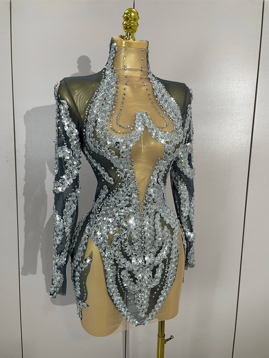 Rhinestone Mesh Long Sleeve Mini Dress | Sparkle | Stage