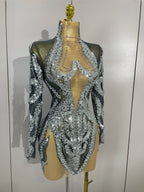 Rhinestone Mesh Long Sleeve Mini Dress | Sparkle | Stage