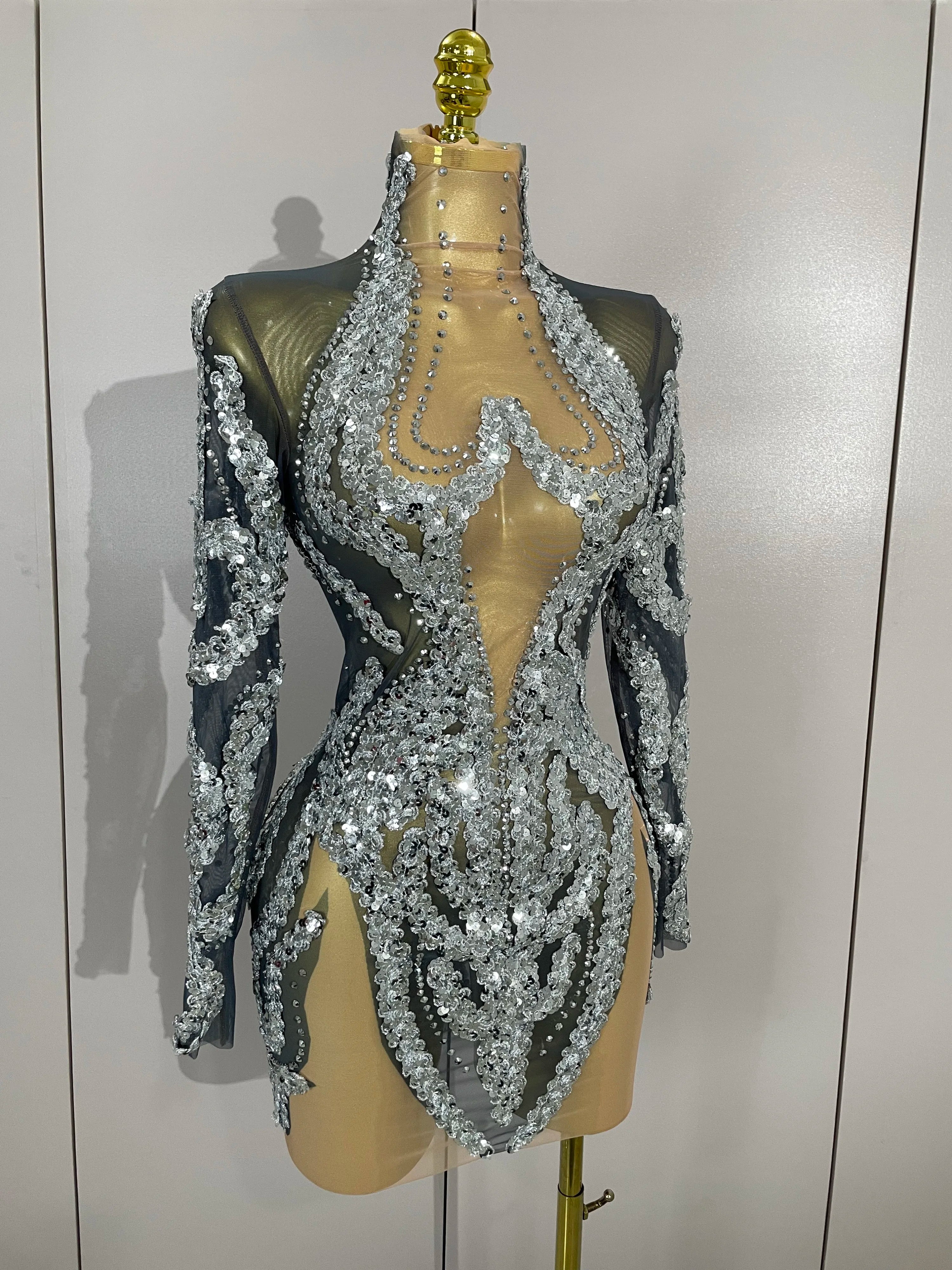 Rhinestone Mesh Long Sleeve Mini Dress | Sparkle | Stage