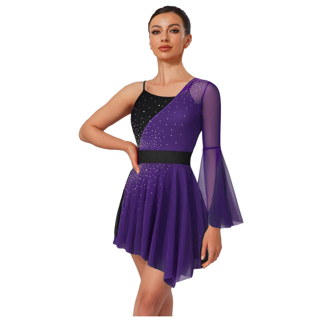 Women's Color-Block Flare Sleeve Dance Dress | Asymmetric Mesh Hem & Built-In Briefs