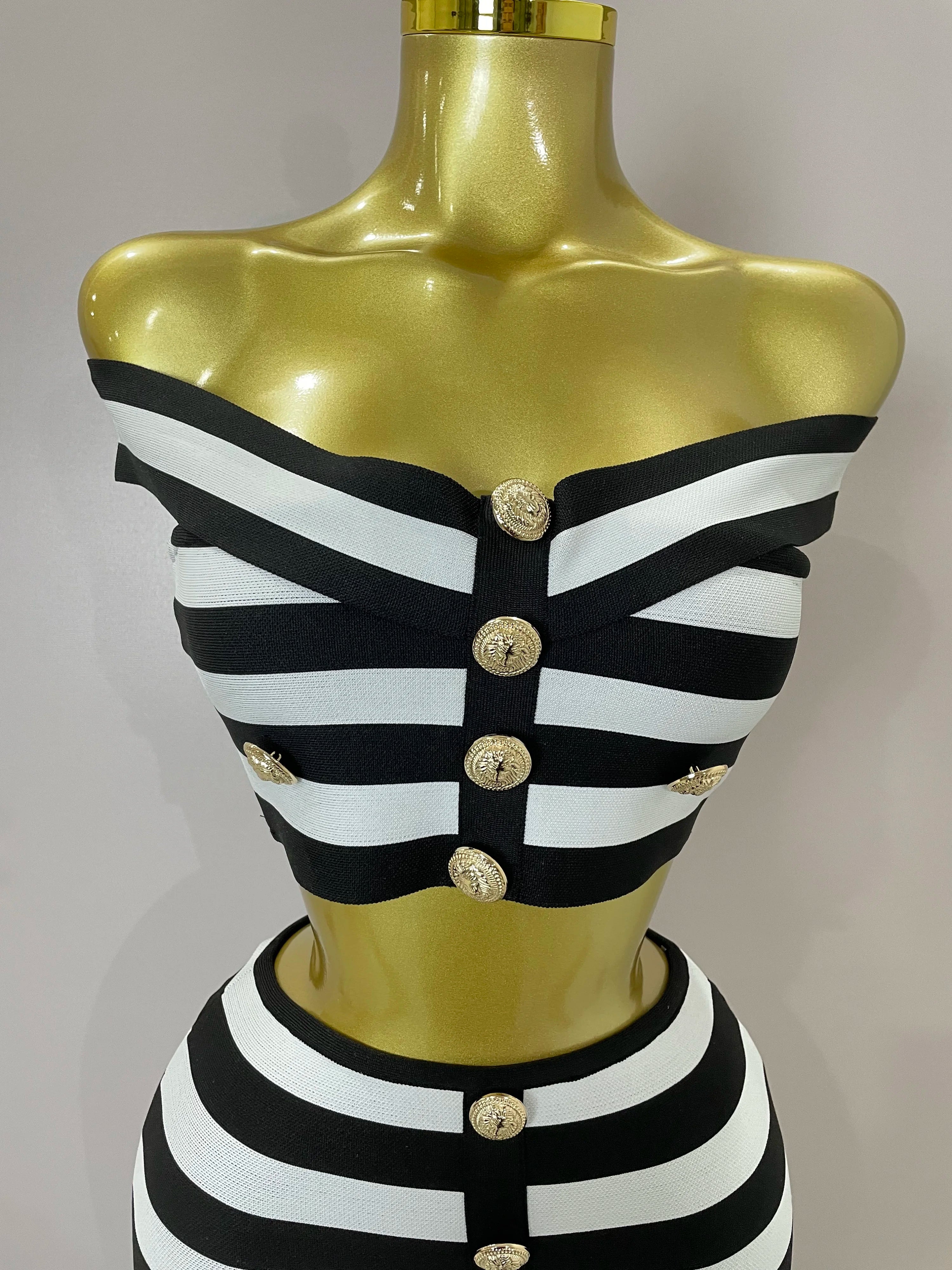 Stripe Button Two-Piece Set | Crop Top & Skirt | Stage