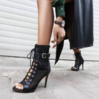 Peep-Toe Mesh Stiletto Ankle Boots — 9.5 cm Heel Extended Sizing