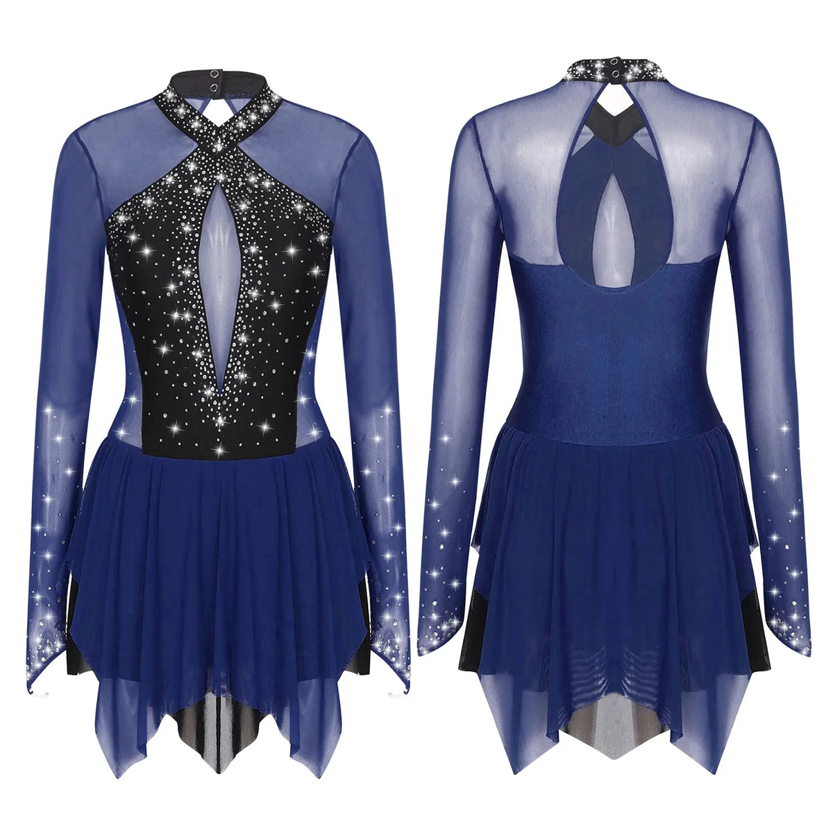 Rhinestone Mesh Skating Dress | Long Sleeve | Backless
