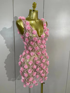 Pearl Flower Mesh Mini Dress | 3D Appliqué | V-Neck | Stage & Club