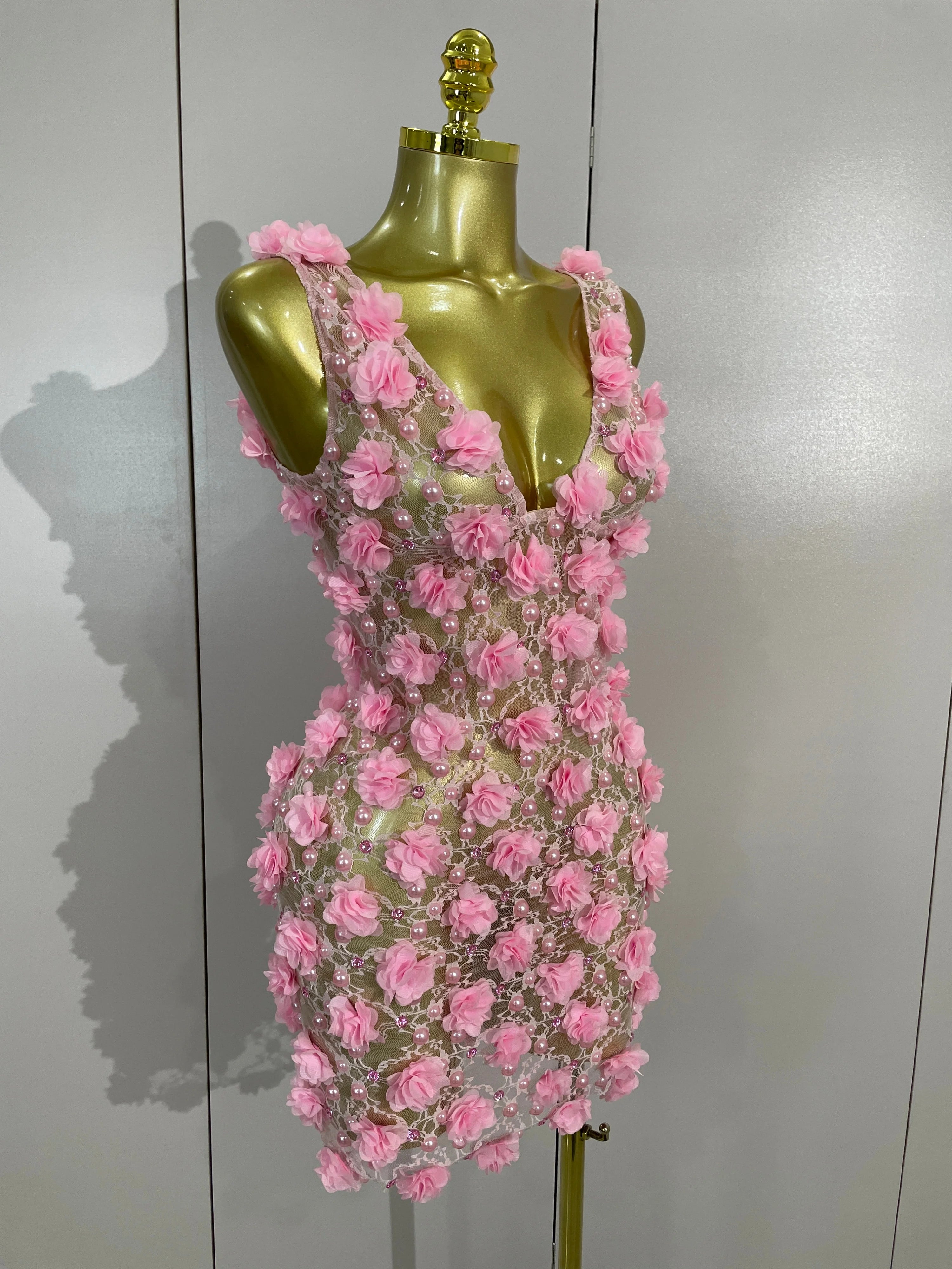 Pearl Flower Mesh Mini Dress | 3D Appliqué | V-Neck | Stage & Club