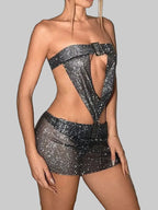 Rhinestone Mesh Bodycon Dress - Backless Fishnet Mini with Bandage Details