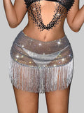 Rhinestone Tassel Fishnet Mini Skirt - Sheer Mesh Party Skirt