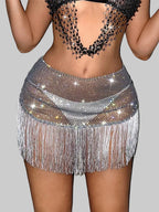 Rhinestone Tassel Fishnet Mini Skirt - Sheer Mesh Party Skirt