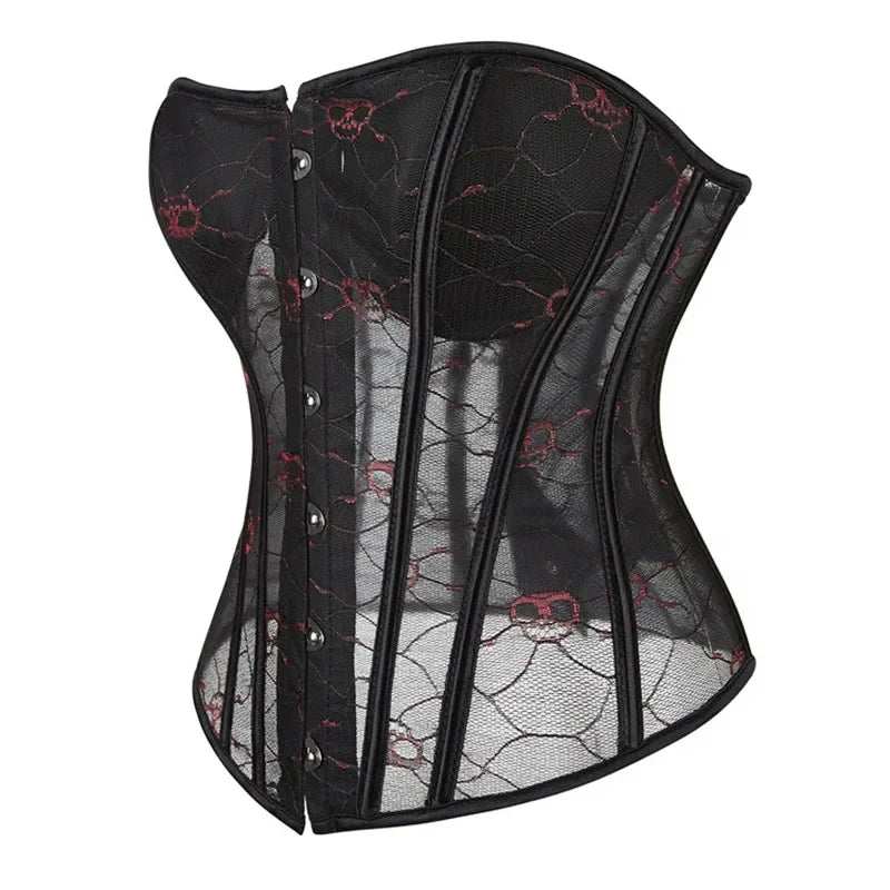 Skull Rose Overbust Corset | Mesh Panels | Gothic Burlesque