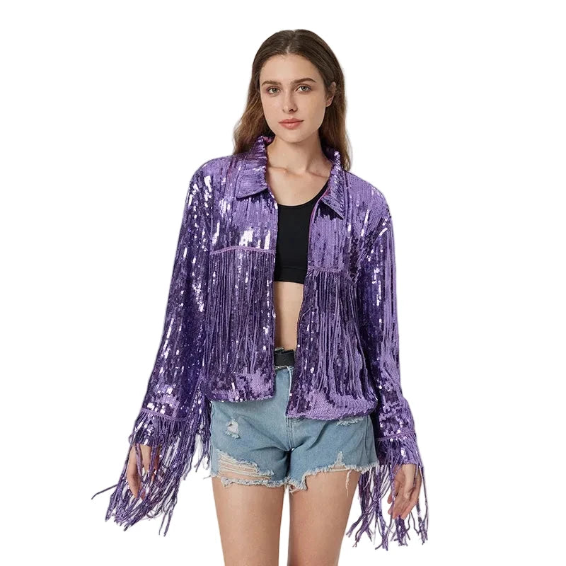 Purple Sequin Fringe Open-Front Jacket | Festival & Western | M–L