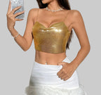 Metallic Sequin Chain Crop Top - Deep V-Neck Backless